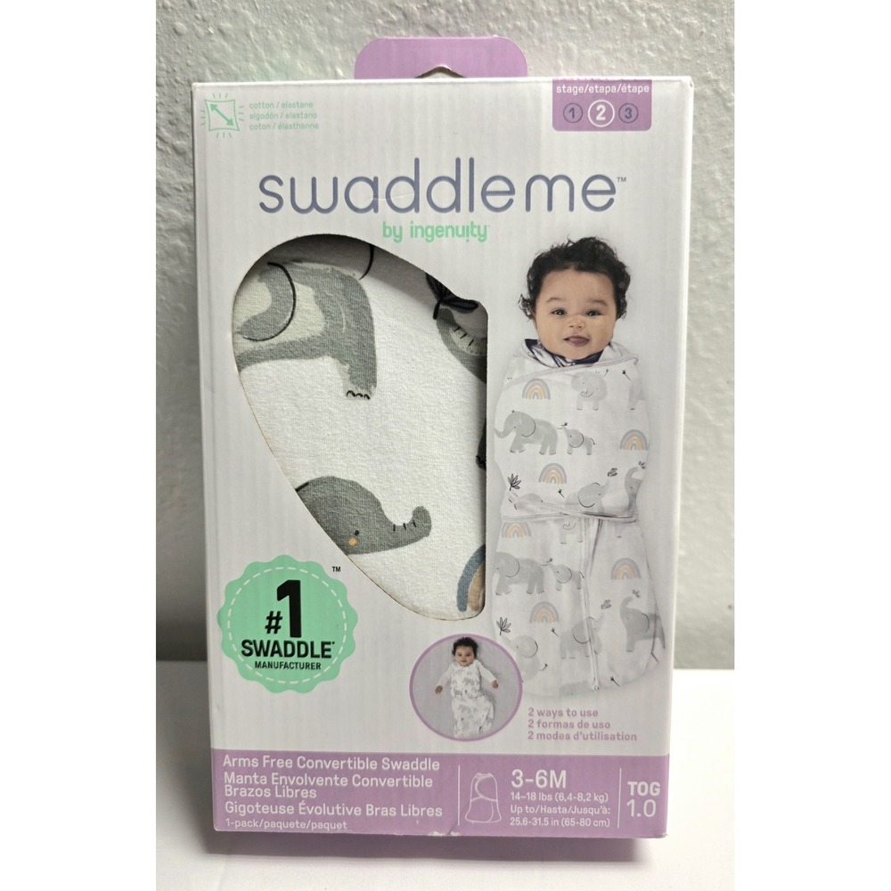 SwaddleMe by Ingenuity Arms Free Convertible Swaddle Wrap Happy Elephants 3-6M
